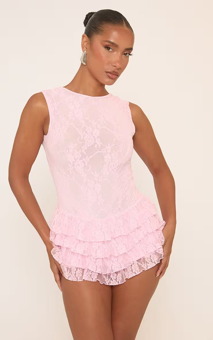 Ego - Sleeveless Layered Frill Detail Playsuit In Pink Floral Lace