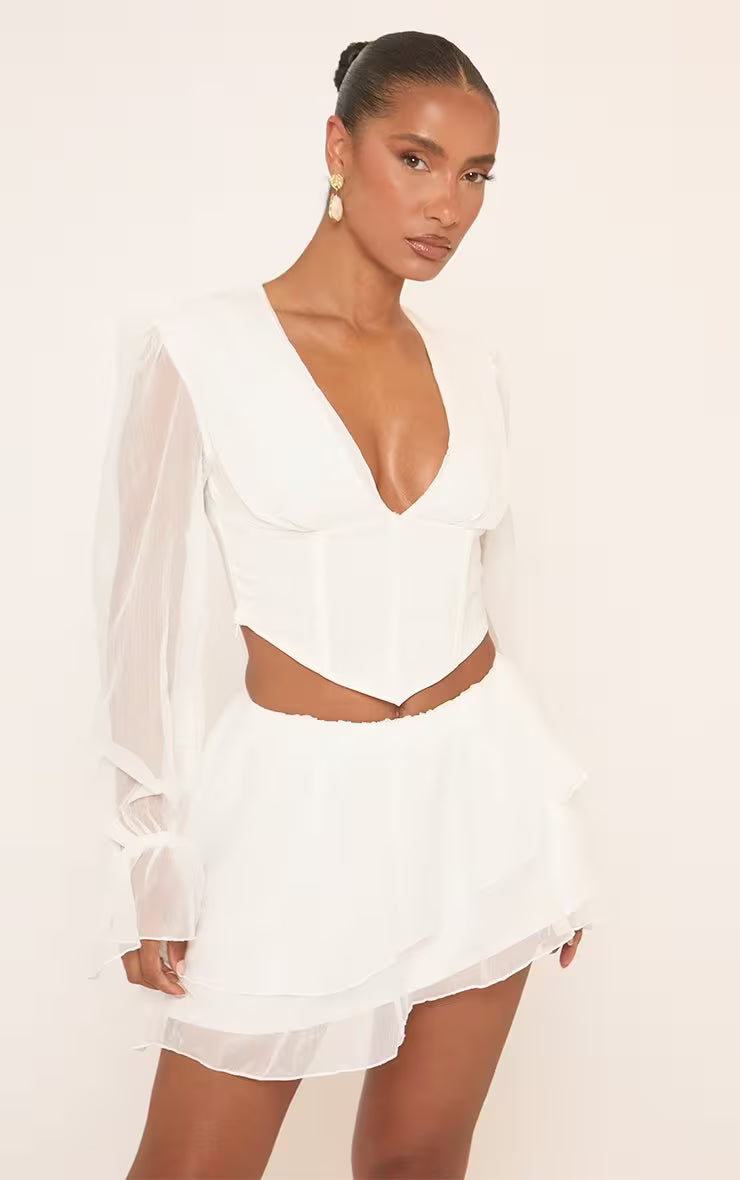 Long Puff Sleeve V Neck Corset Top In Cream Woven