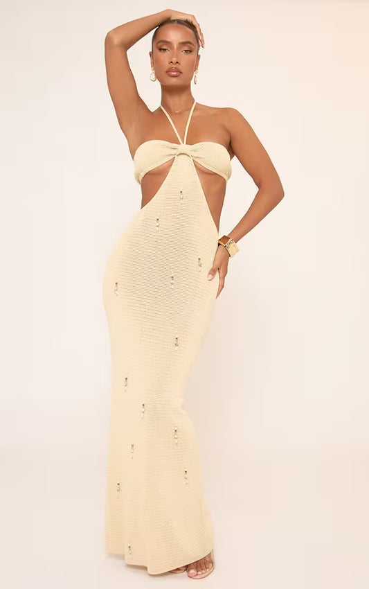 Ego - Halterneck Embellished Cut Out Detail Maxi Dress In Cream Crochet