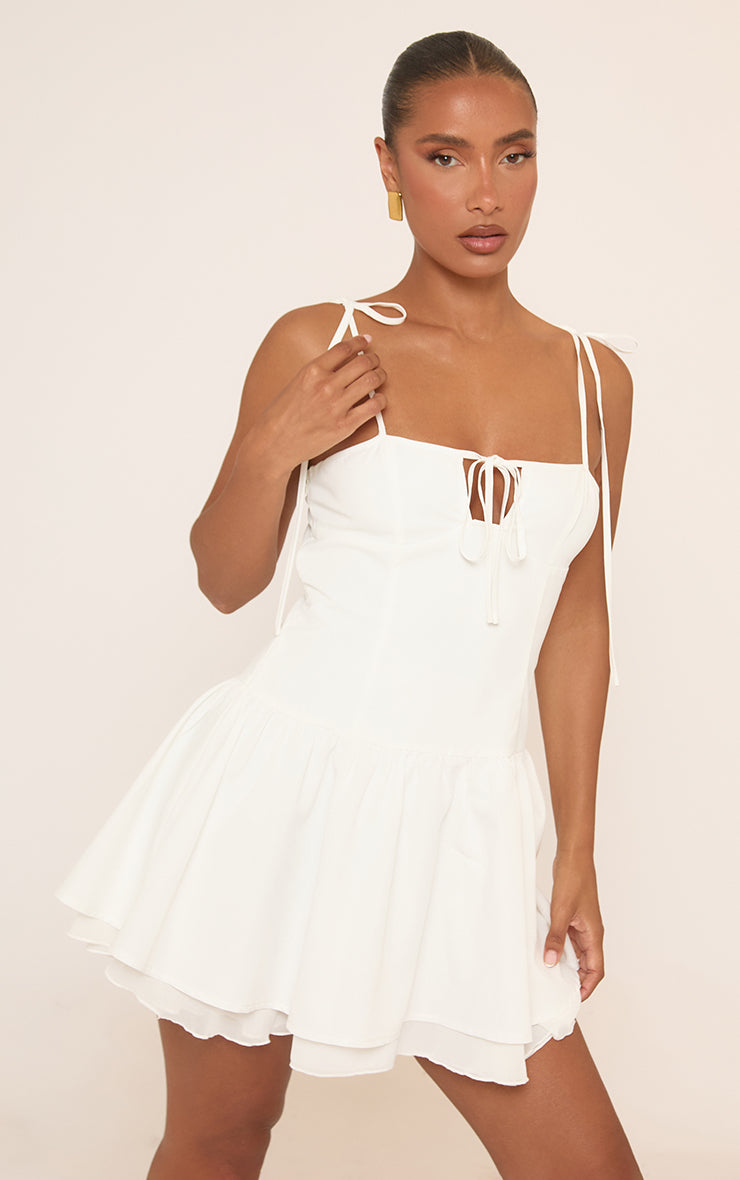 Ego - Strappy Tie Front Detail Layered Frill Mini Dress In White