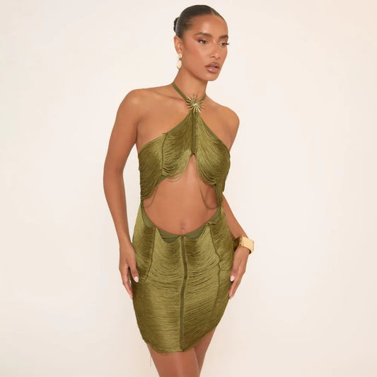 Halterneck Draped Tassel Detail Mini Dress In Green