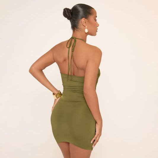 Halterneck Draped Tassel Detail Mini Dress In Green