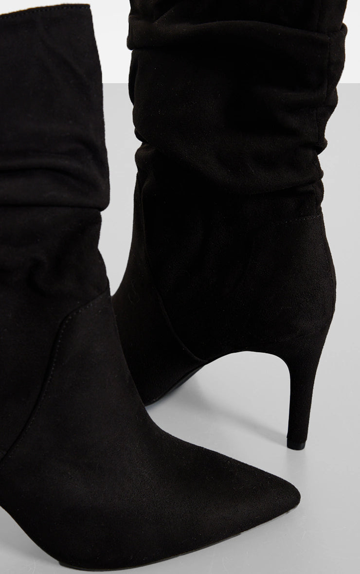 Black Faux Suede Point Toe Ruched High Heeled Ankle Boots