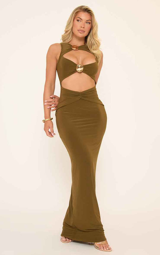 Ego - Sleeveless Cut Out Trim Detail Maxi Dress In Khaki Green