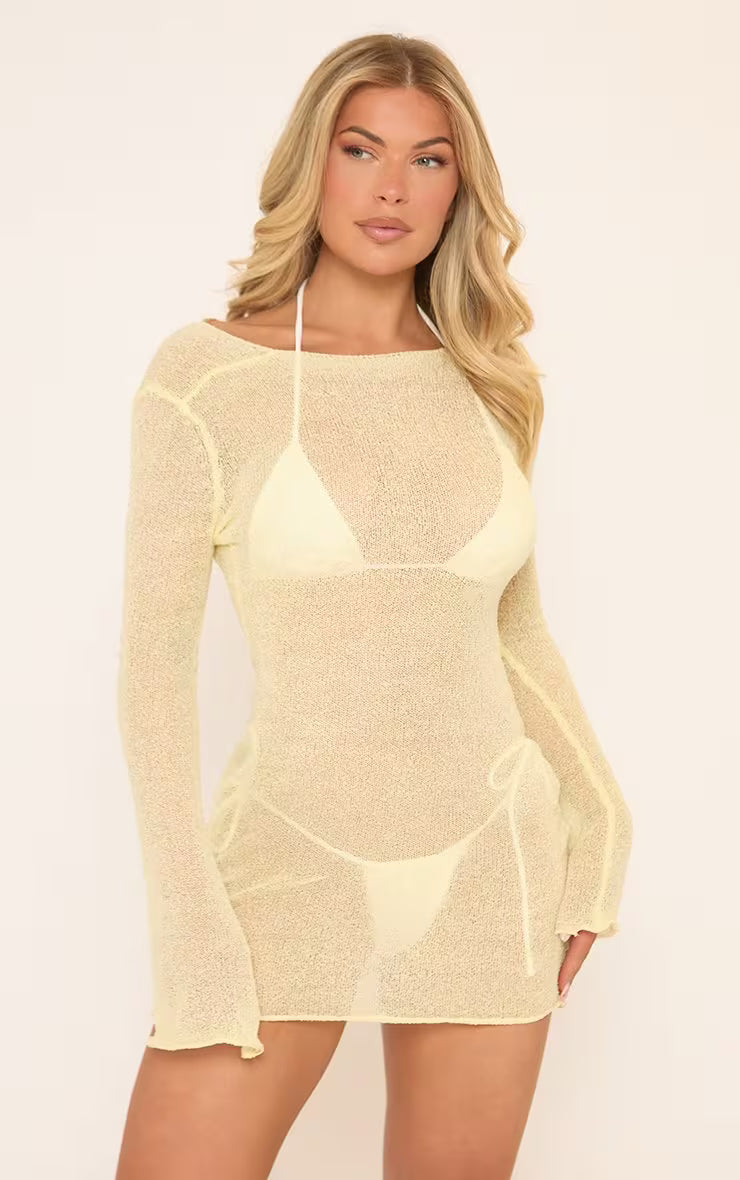 Ego - Long Sleeve Open Back Mini Beach Dress In Yellow Texture