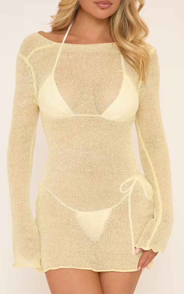 Ego - Long Sleeve Open Back Mini Beach Dress In Yellow Texture