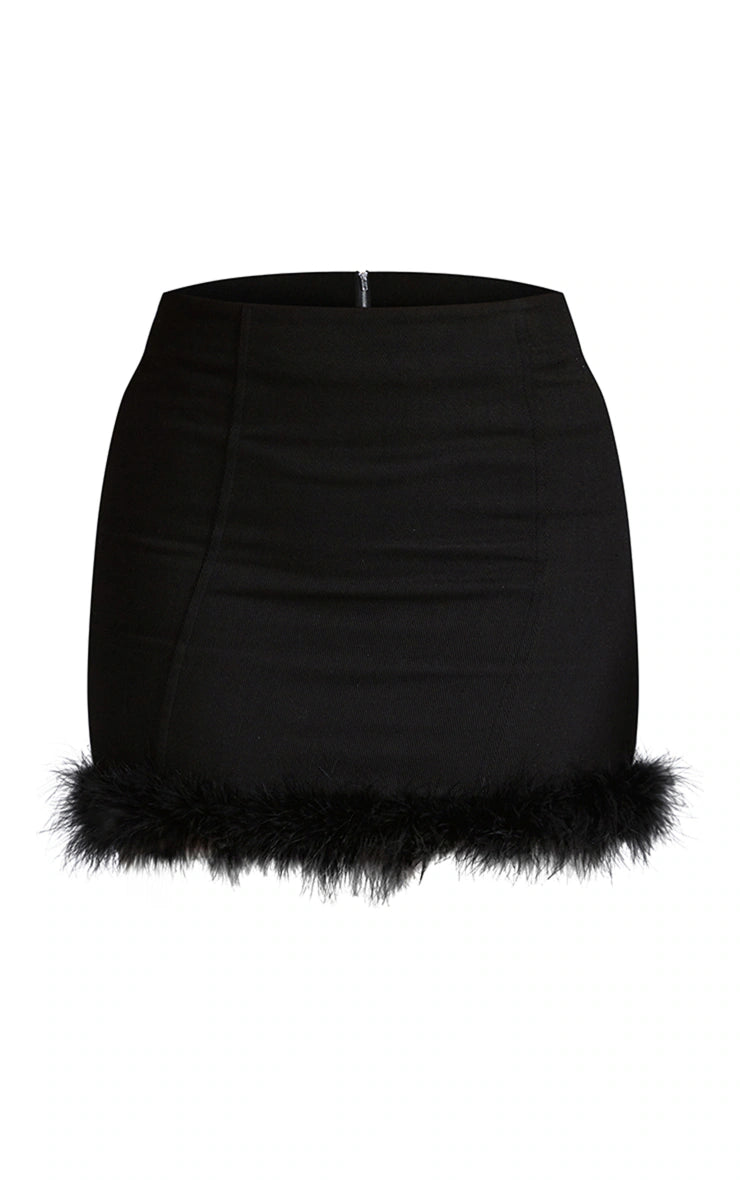 Black Feather Trim Denim Mini Skirt