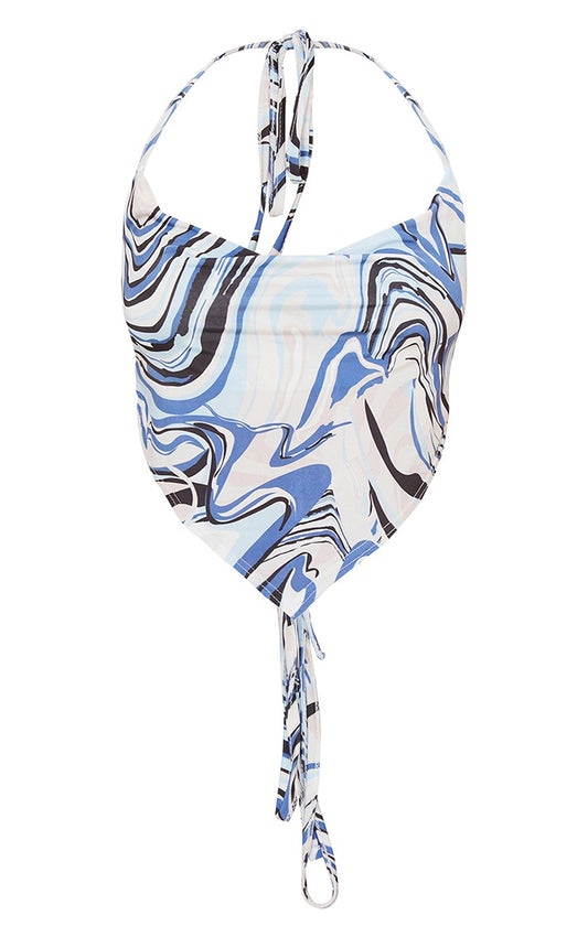 Petite Blue Hankerchief Tie Back Swirl Print Crop Top
