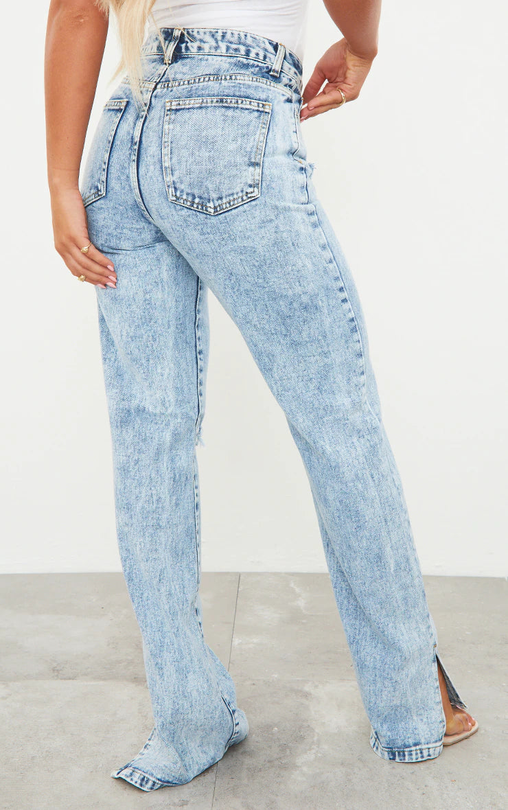 Ice Blue Ripped Split Hem Jeans