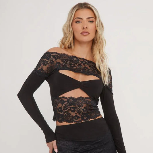 Bardot Lace Detail Cut Out Crop Top In Black Slinky