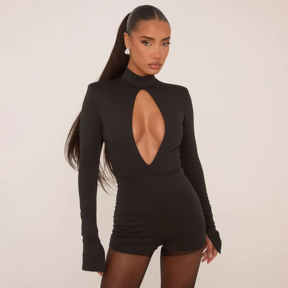 Long Sleeve Keyhole Cut Out Shoulder Pad Playsuit In Black
