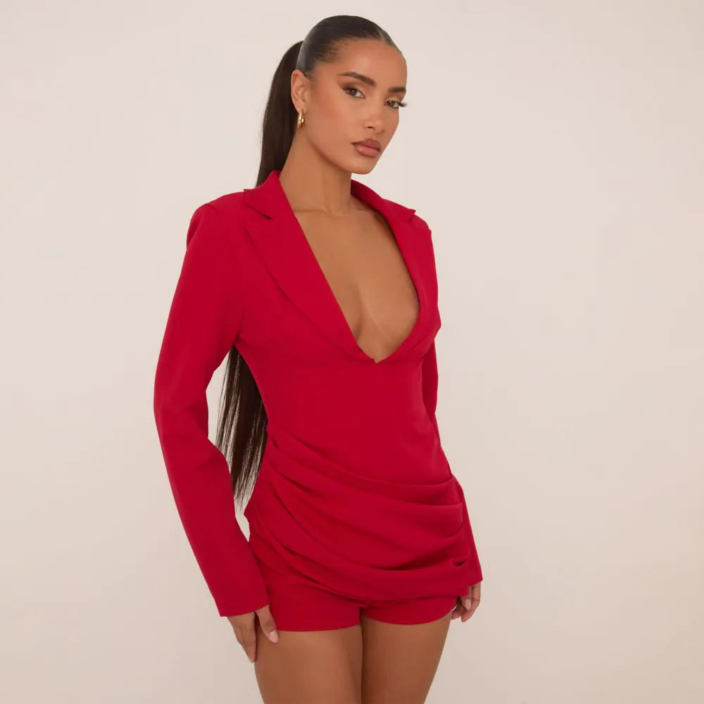 Long Sleeve Shoulder Pad Ruched Asymmetric Cropped Blazer In Red Woven