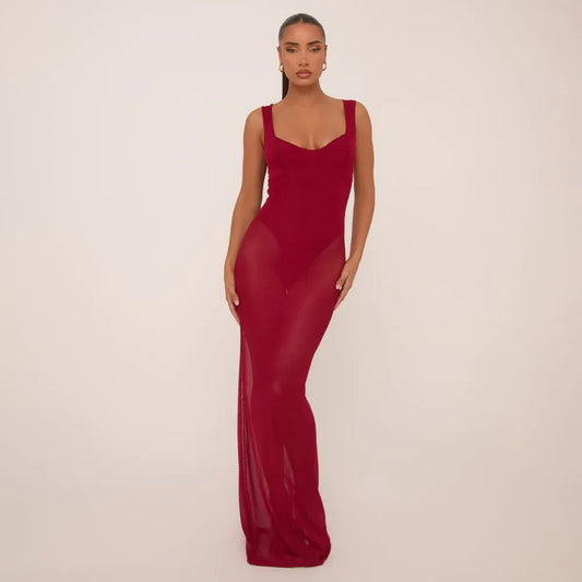Scoop Neck Bodysuit Insert Maxi Dress In Burgundy Mesh