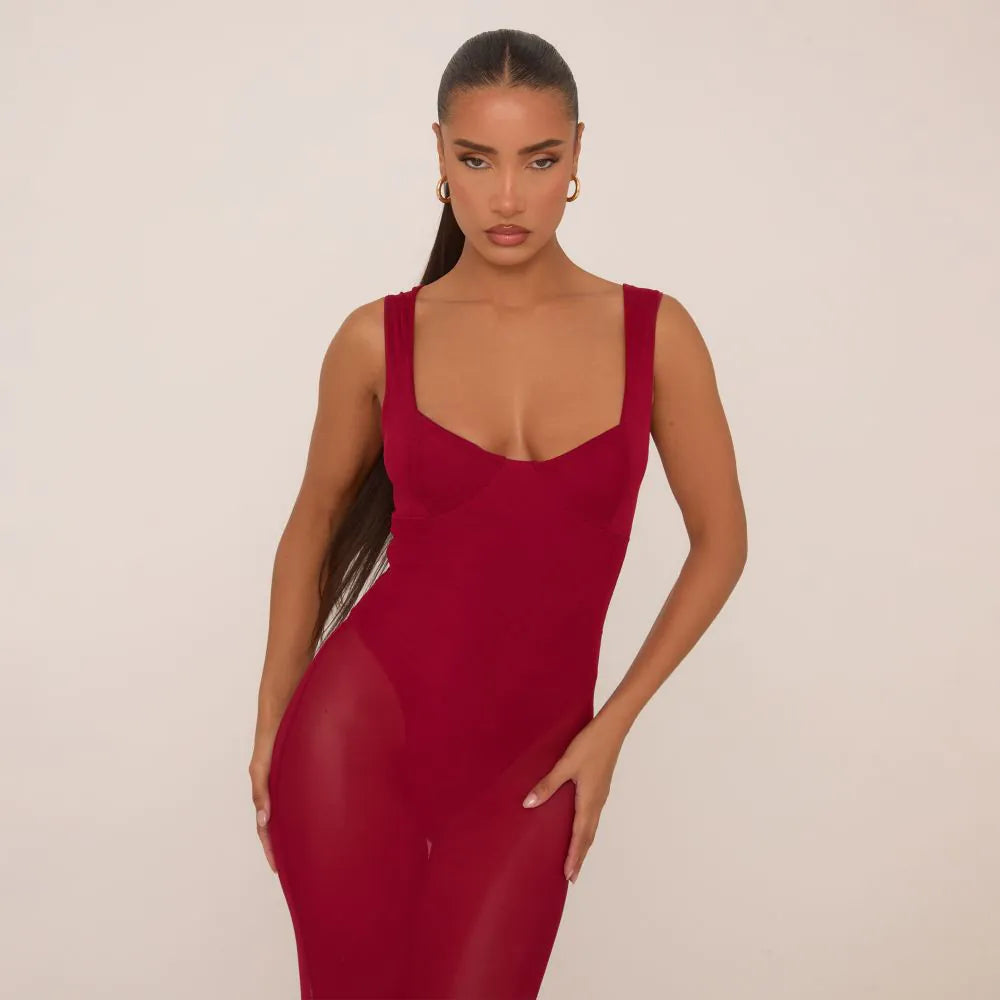 Scoop Neck Bodysuit Insert Maxi Dress In Burgundy Mesh