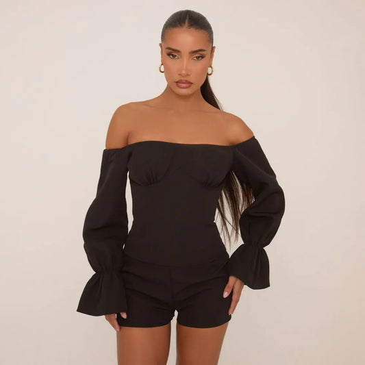 Long Puff Sleeve Bardot Fitted Top In Black Woven
