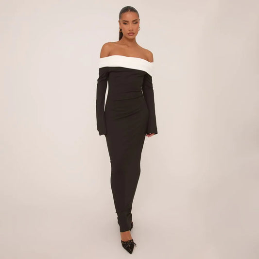 Long Sleeve Contrast Bardot Maxi Dress In Black