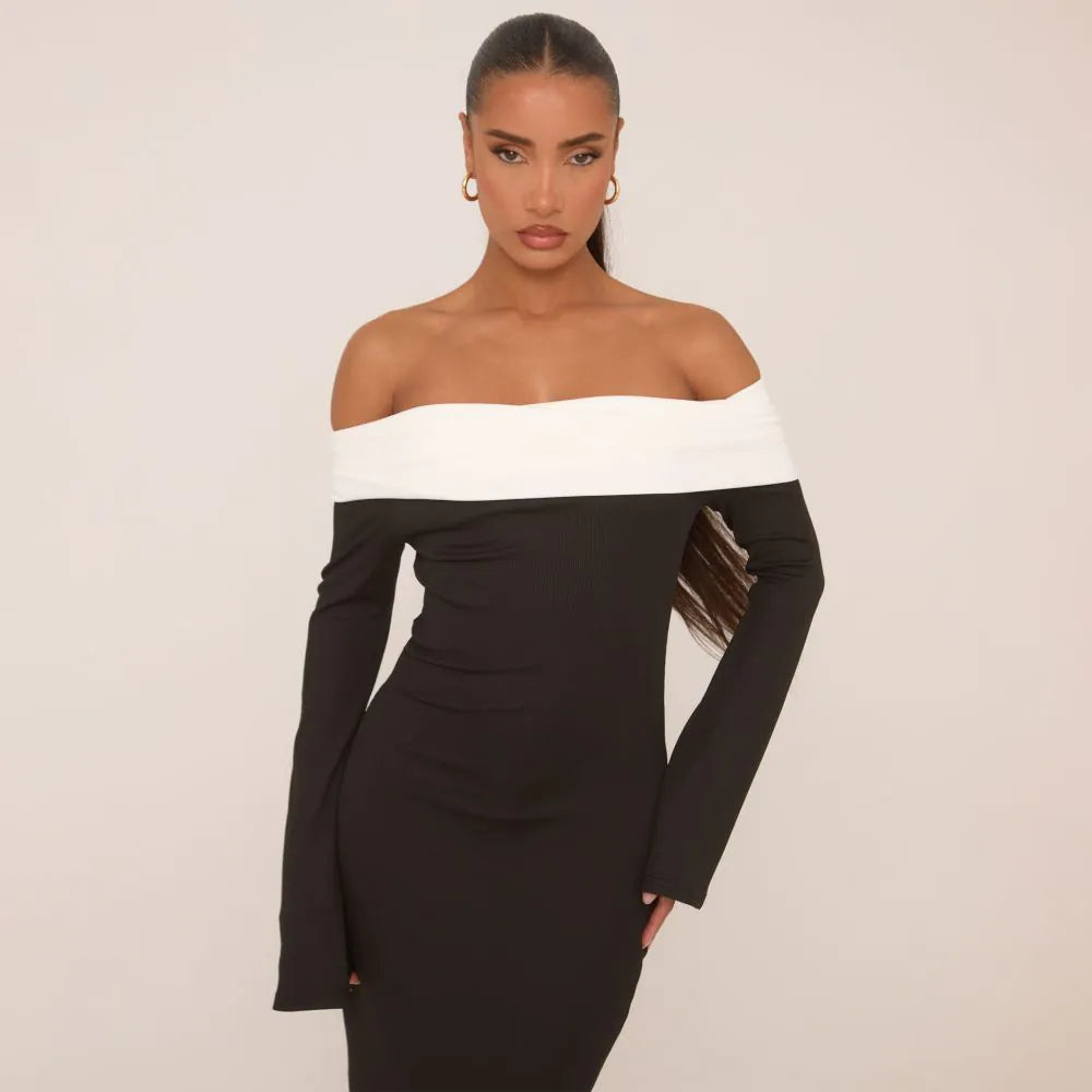 Long Sleeve Contrast Bardot Maxi Dress In Black