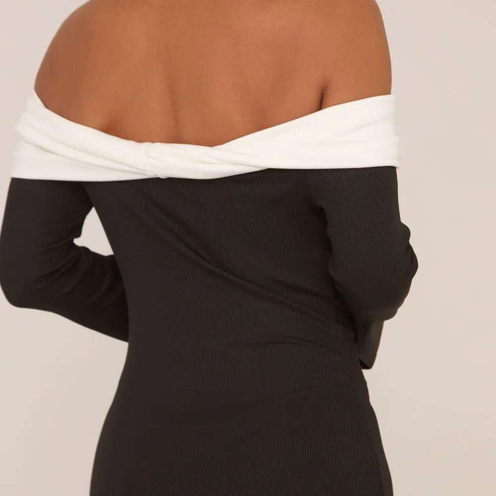 Long Sleeve Contrast Bardot Maxi Dress In Black
