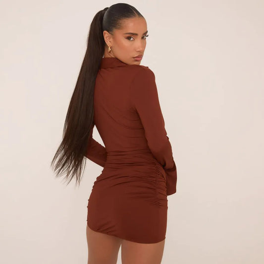 LONG SLEEVE BUTTON DOWN RUCHED SHIRT DRESS IN BROWN