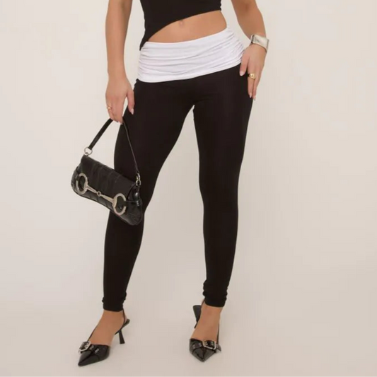 Contrast Fold Over Detail Low Rise Leggings In Black
