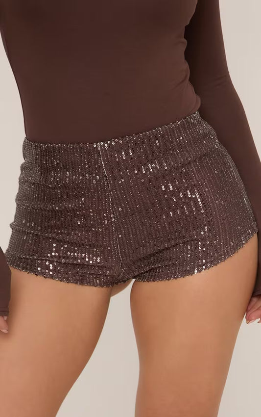 Ego - Mid Rise Hot Pant Shorts In Chocolate Brown Sequin