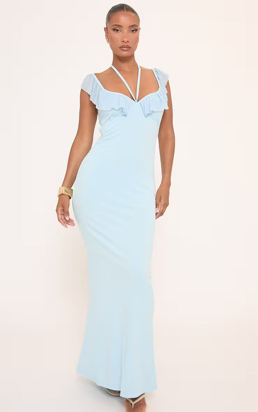 Ego - Plunge Front Open Back Frilled Maxi Dress