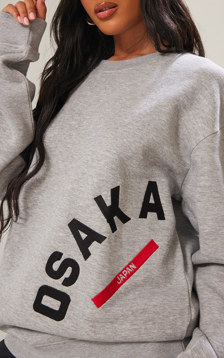 GREY MARL OSAKA JAPAN EMBROIDERED SWEATSHIRT