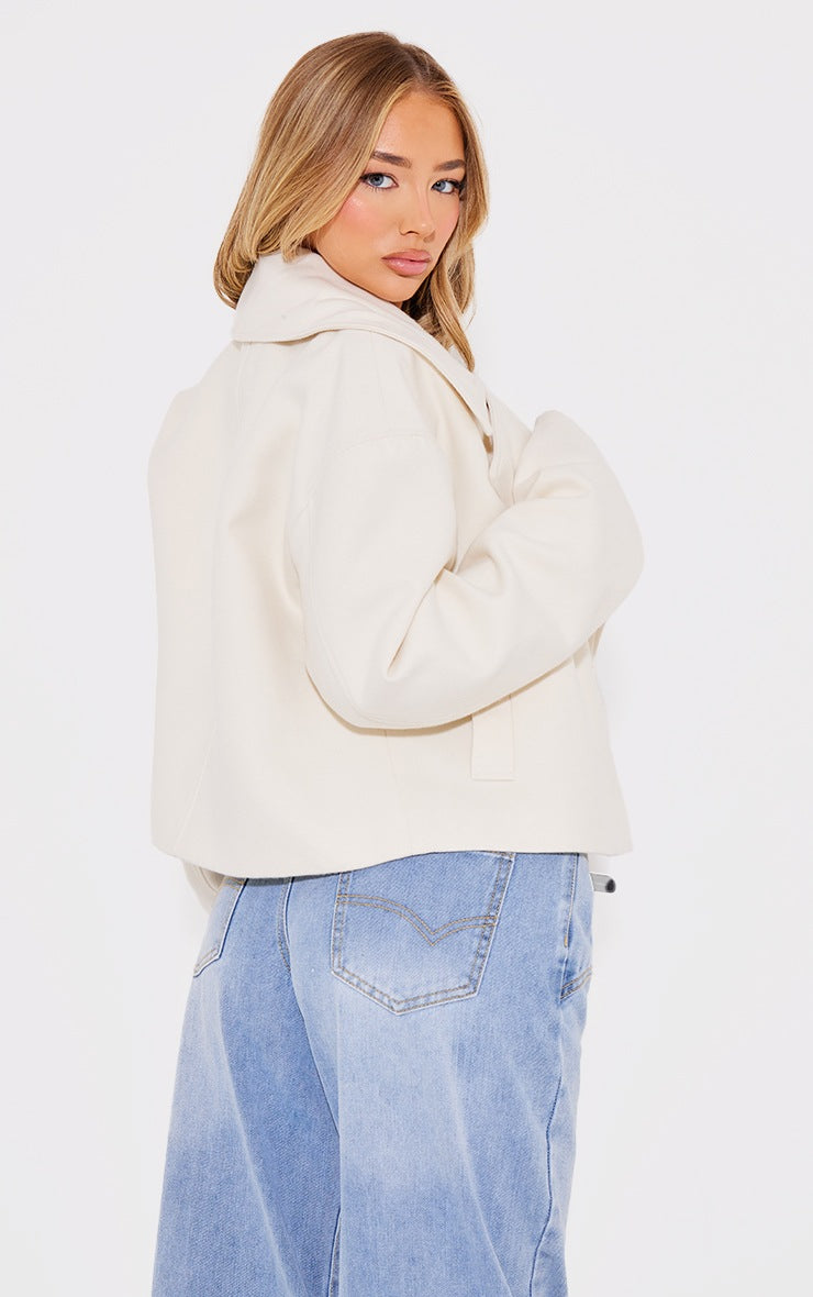 Cream Wool Look Double Breasted Cropped Jacket