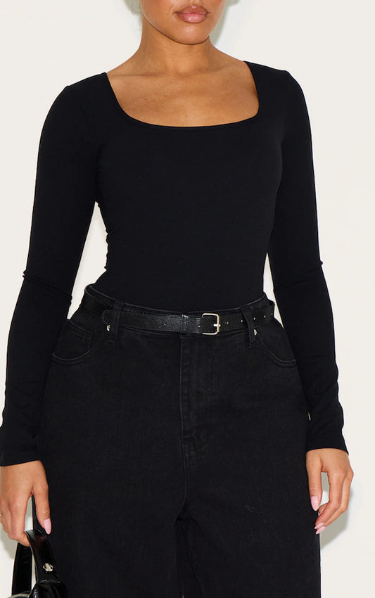 Shape Black Built In Bra Sculpt Square Neck Long Sleeve Bodysuit