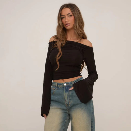 Bardot Flared Sleeve Top In Black Slinky