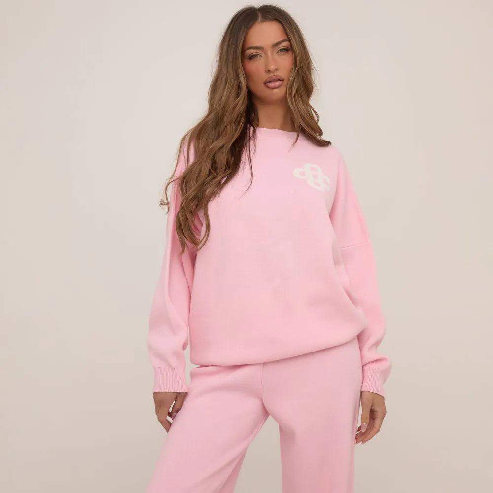 High Neck Oversized Contrast Swirl Detail Sweatshirt In Pink Knit