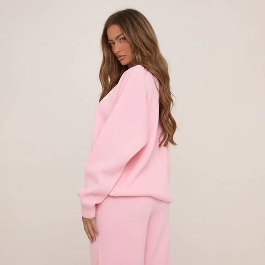High Neck Oversized Contrast Swirl Detail Sweatshirt In Pink Knit