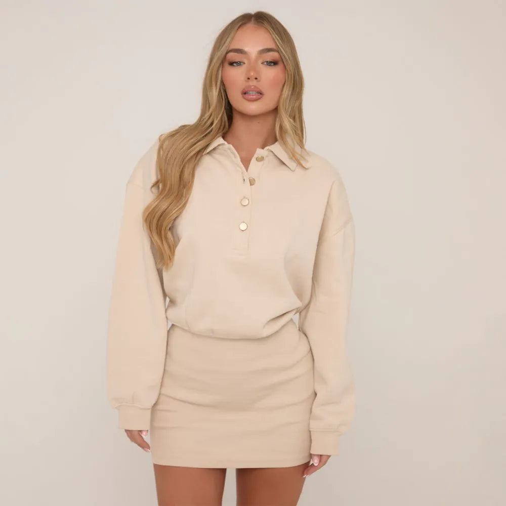 Long Sleeve Button Front Collared Sweat Mini Dress In Stone