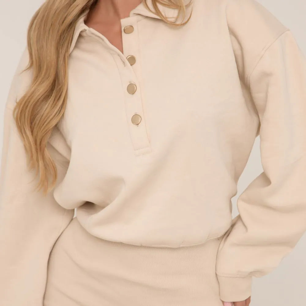 Long Sleeve Button Front Collared Sweat Mini Dress In Stone