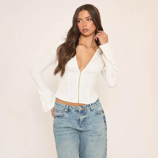 Long Sleeve Hook And Eye Detail Shirt In White Cotton Poplin