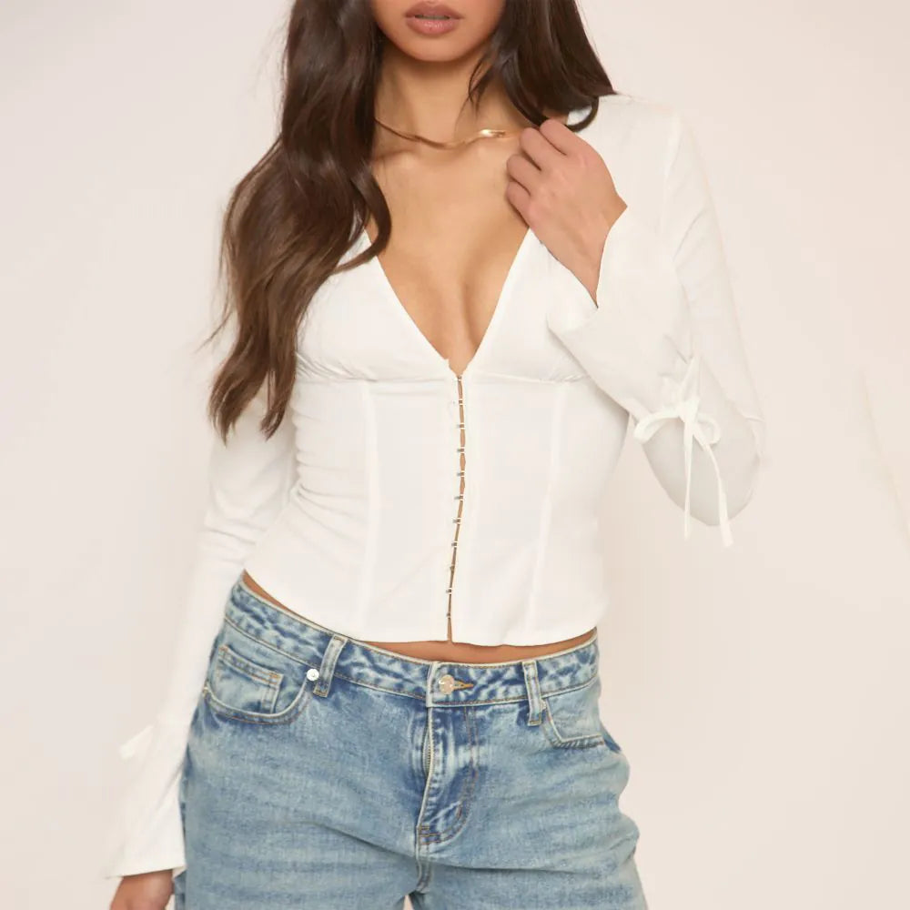 Long Sleeve Hook And Eye Detail Shirt In White Cotton Poplin