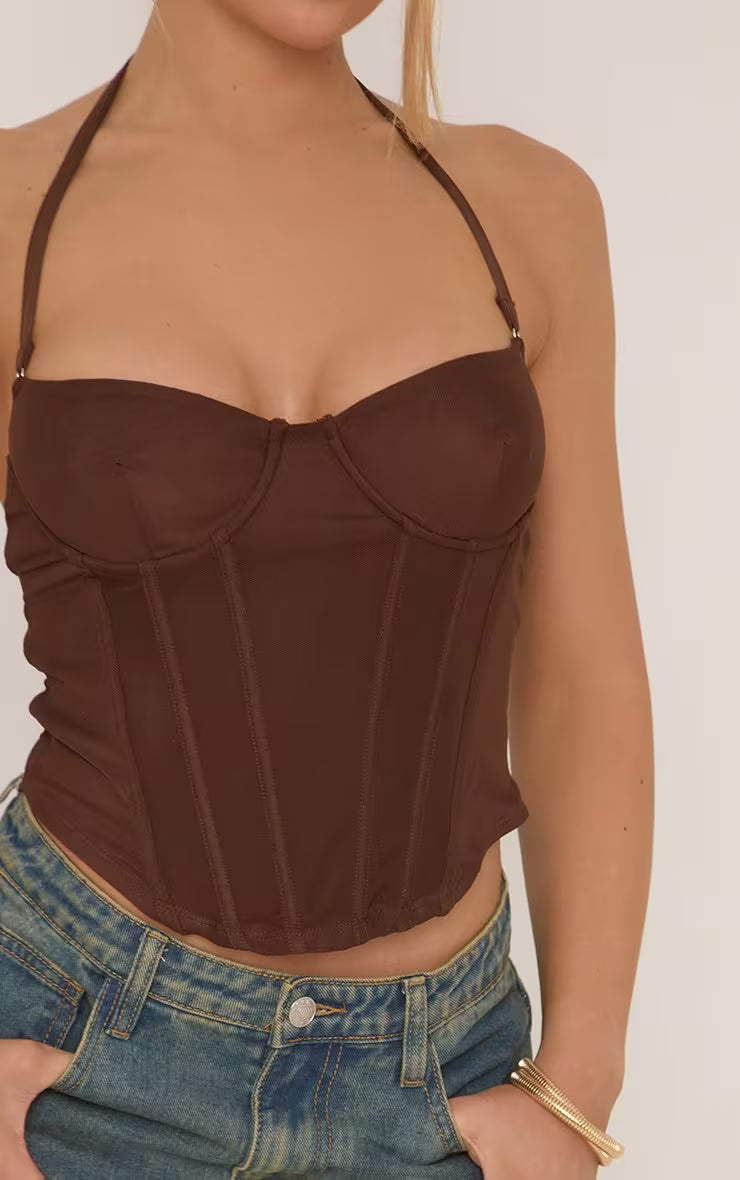 Ego - Halterneck Dipped Hem Corset Top In Chocolate Brown Mesh