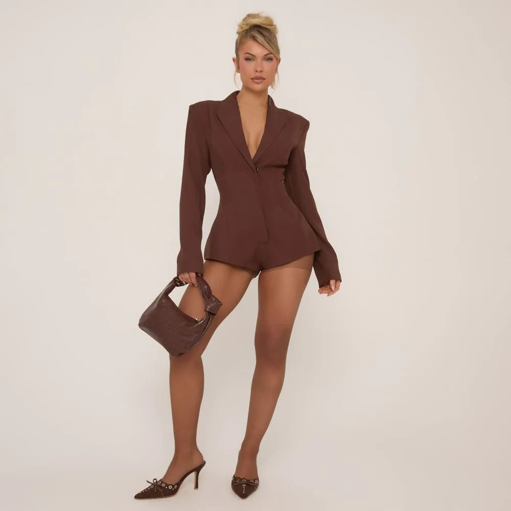 Plunge Neck Shoulder Pad Detail Tailored Playsuit In Brown