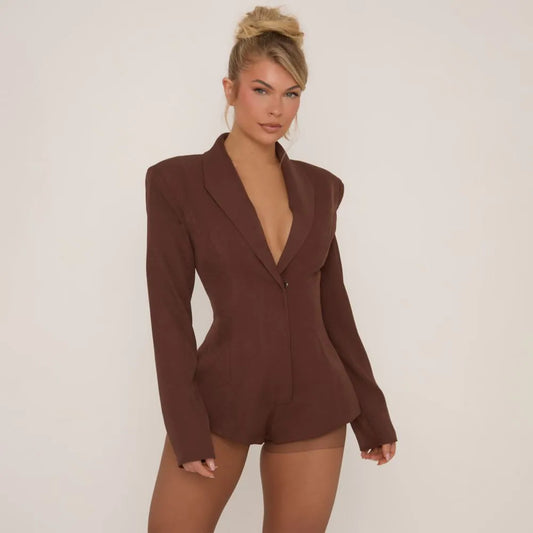 Plunge Neck Shoulder Pad Detail Tailored Playsuit In Brown