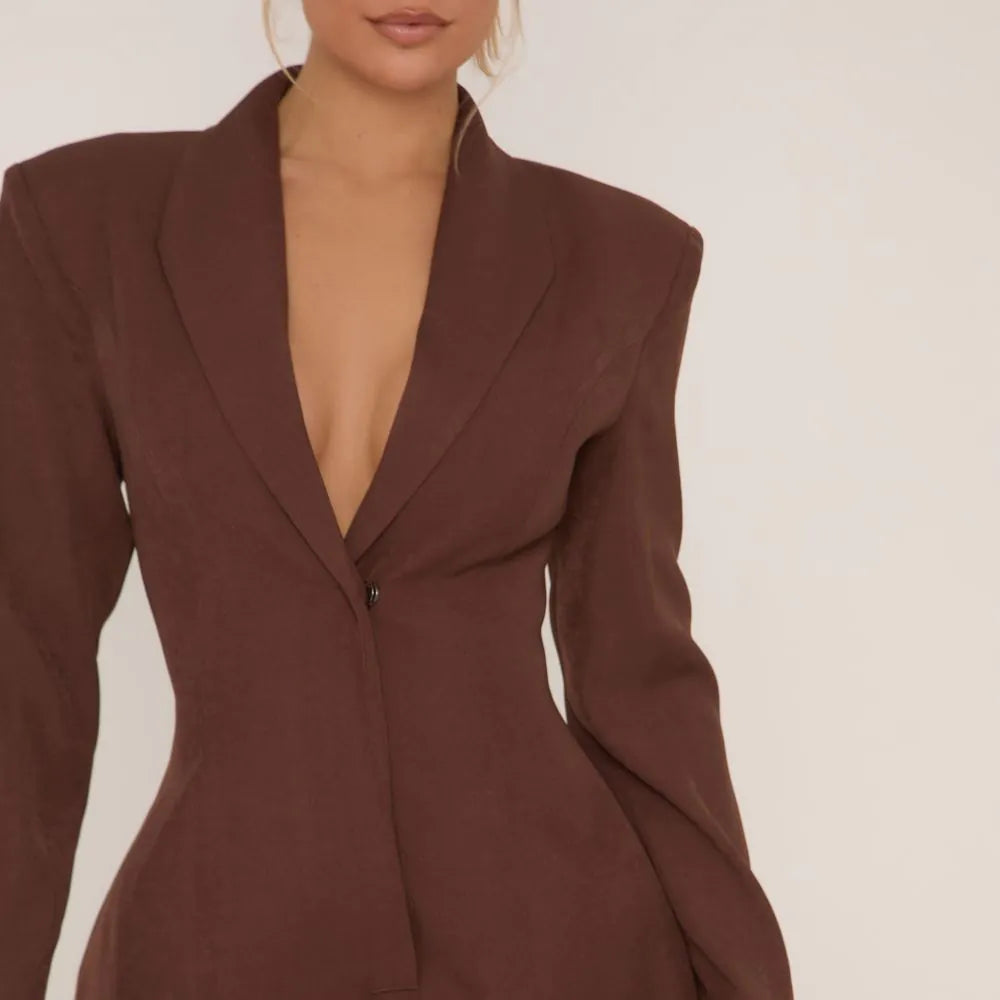 Plunge Neck Shoulder Pad Detail Tailored Playsuit In Brown