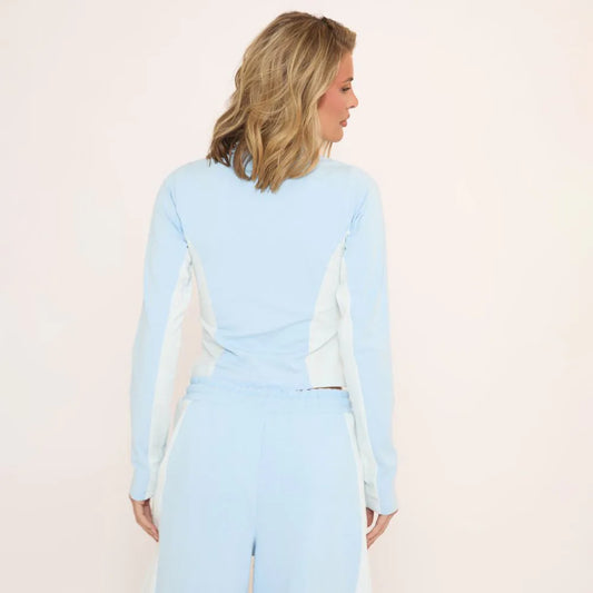 Long Sleeve High Neck Zip Front Ego Graphic Top In Baby Blue