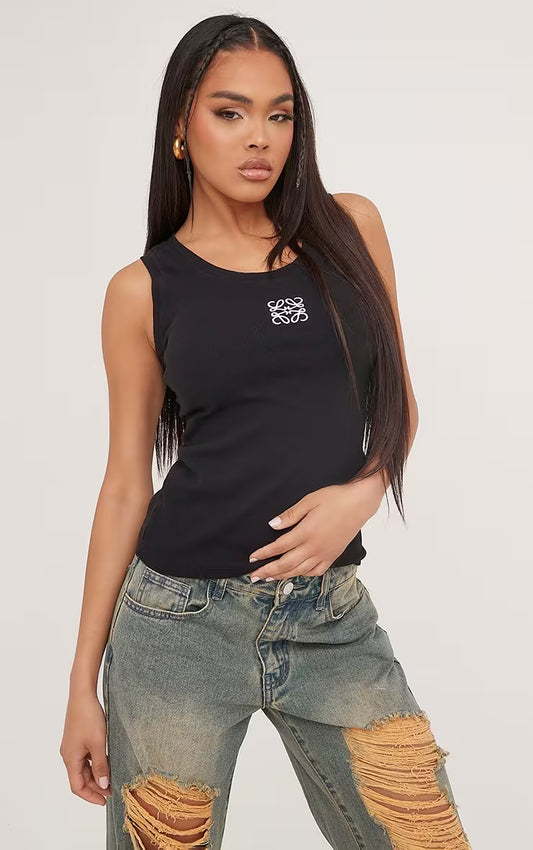 Ego - Scoop Neck Swirl Graphic Print Vest In Black Ribbed