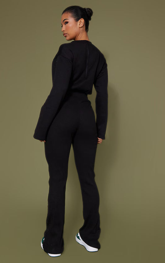 Black Sweat Bodice Crew Neck Rib Jumpsuit