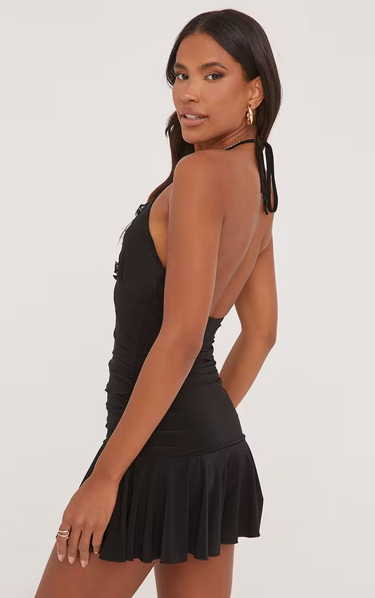 Ego - Plunge Halterneck Lace Trim Detail Flippy Hem Mini Dress In Black Slinky