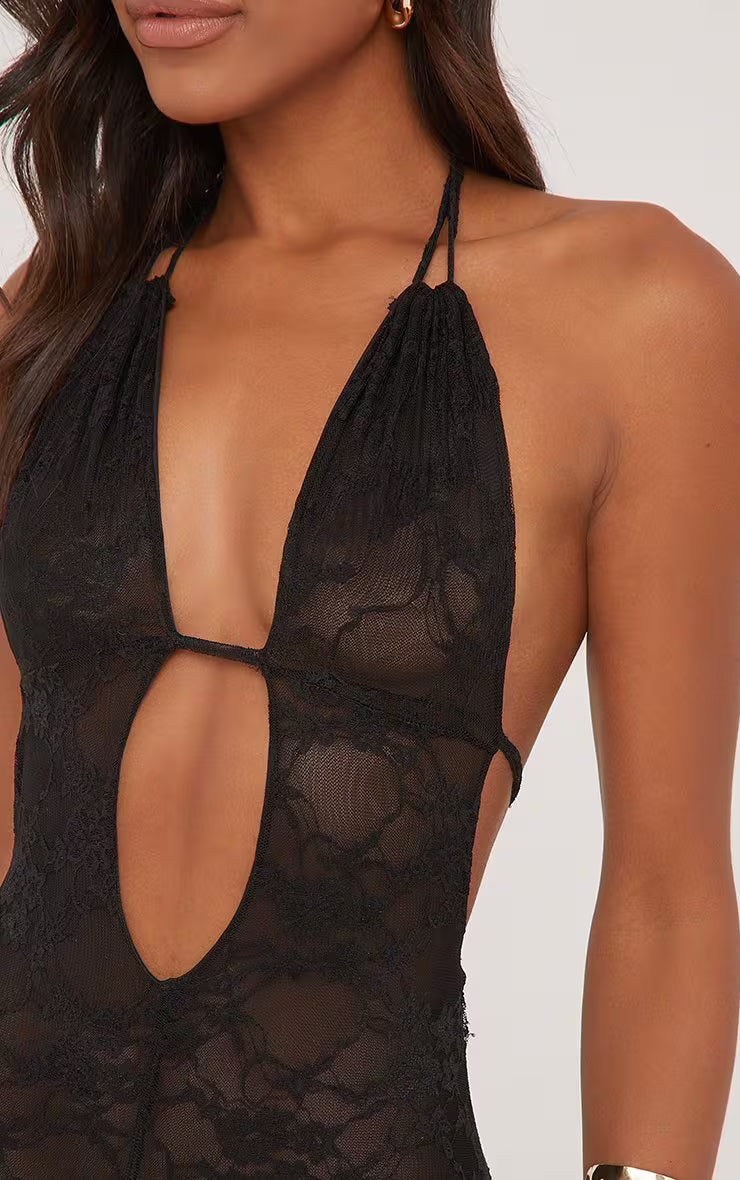 Plunge Halterneck Open Back Playsuit In Black Lace