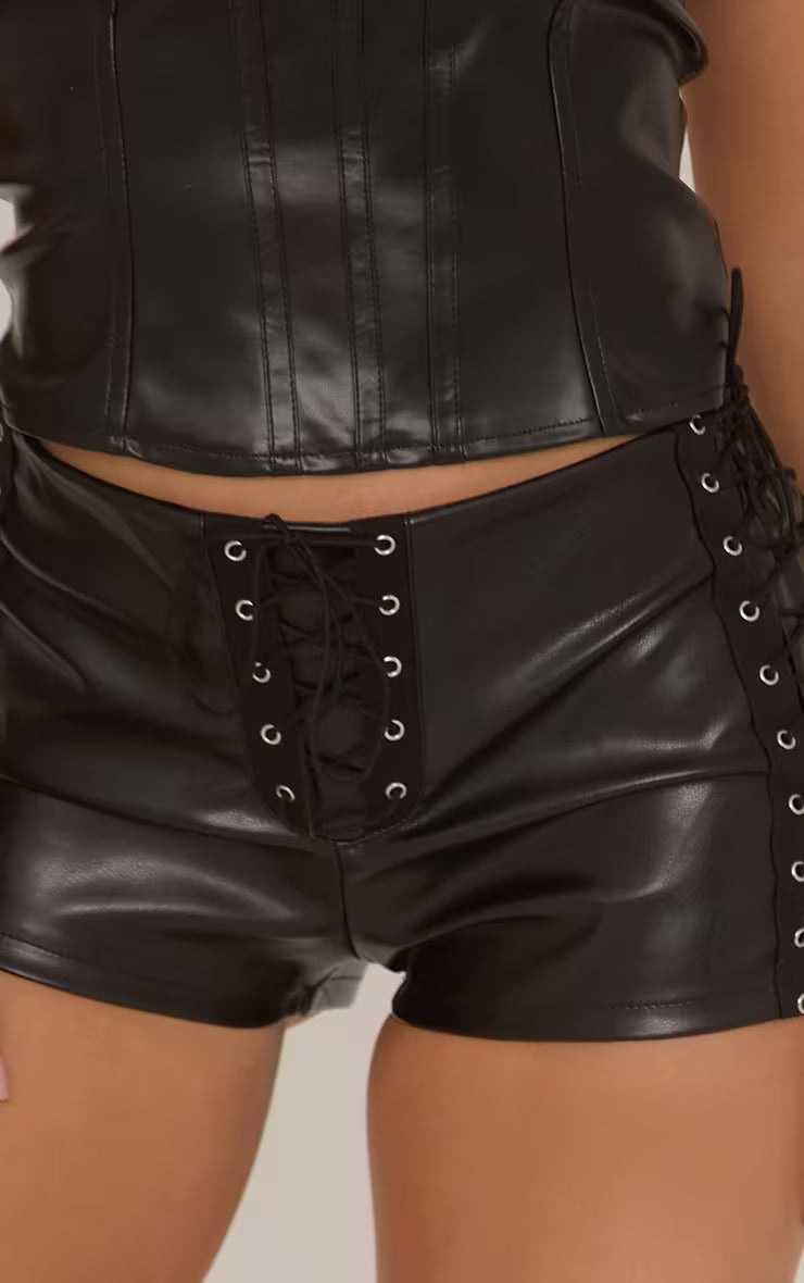 Ego - Low Rise Lace Up Micro Shorts In Black Faux Leather