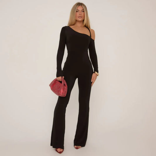 Asymmetric Long Sleeve Flared Jumpsuit In Black