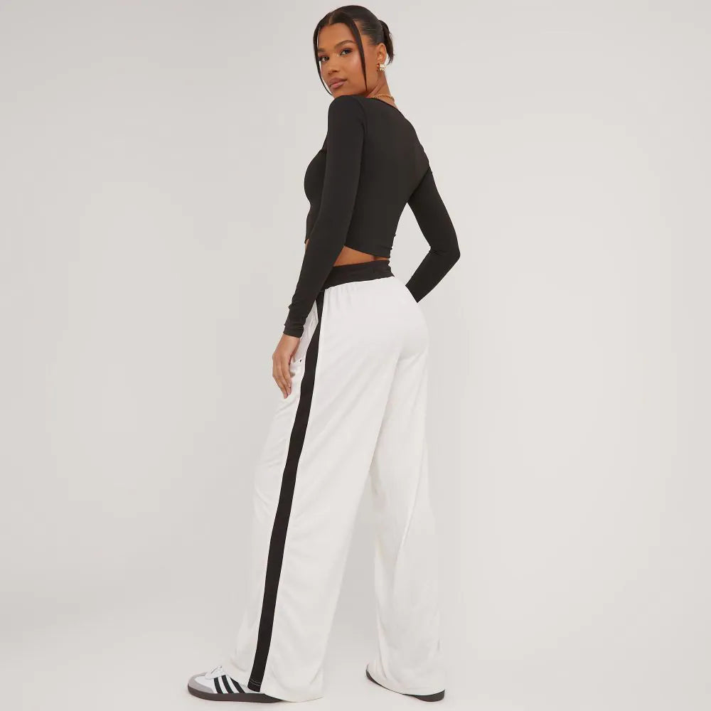 High Waist Contrast Stripe Detail Wide Leg Joggers In Cream