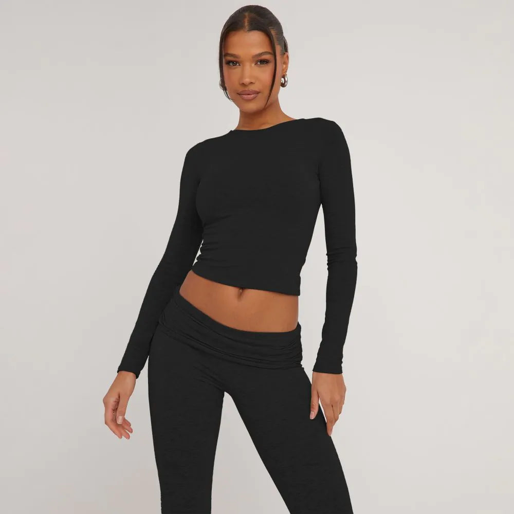 Long Sleeve Crew Neck Top In Black