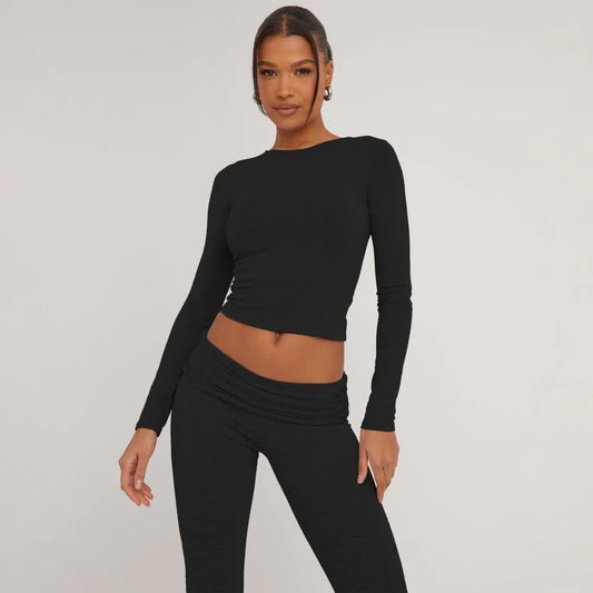Long Sleeve Crew Neck Top In Black